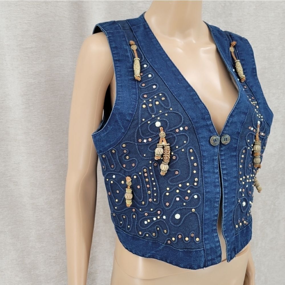 Monique Fashions Denim Jean Boho Vintage Studded Beaded Fringe Vest Western - Picture 4 of 10